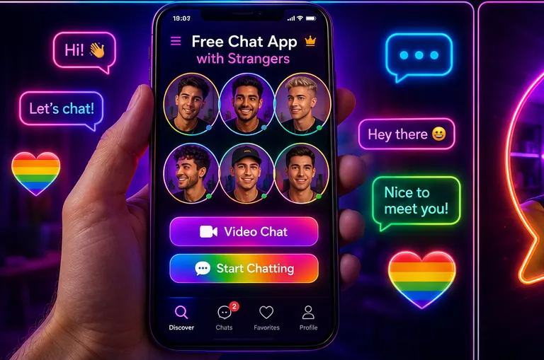 Gay zoom app interface with gay men’s profile circles, colorful chat bubbles, and LGBTQ-inspired video chat buttons