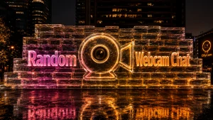 Random webcam chat ice wall with glowing webcam icon, black and gold OilyCam lighting, and neon city reflections