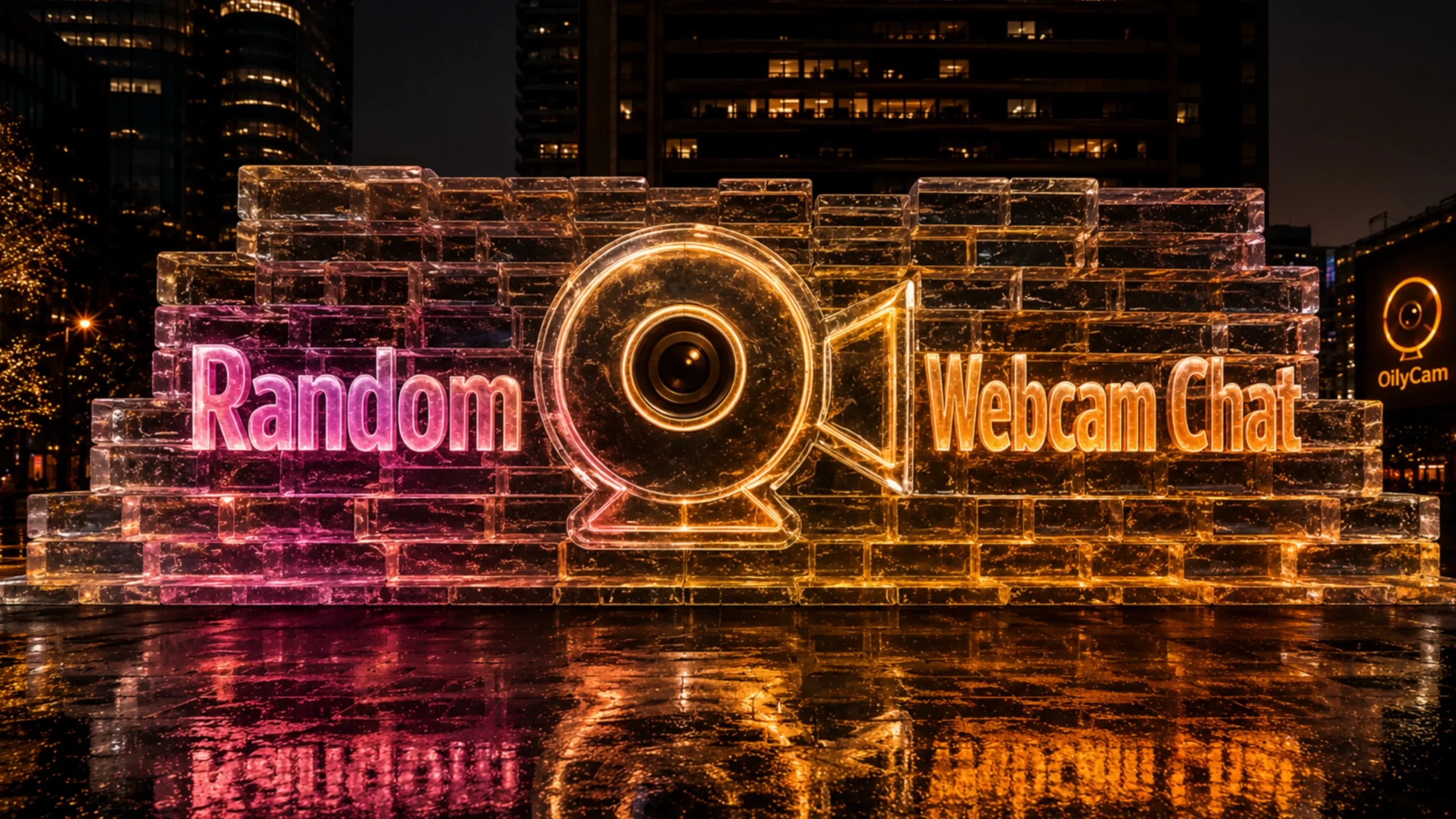 Random webcam chat ice wall with glowing webcam icon, black and gold OilyCam lighting, and neon city reflections
