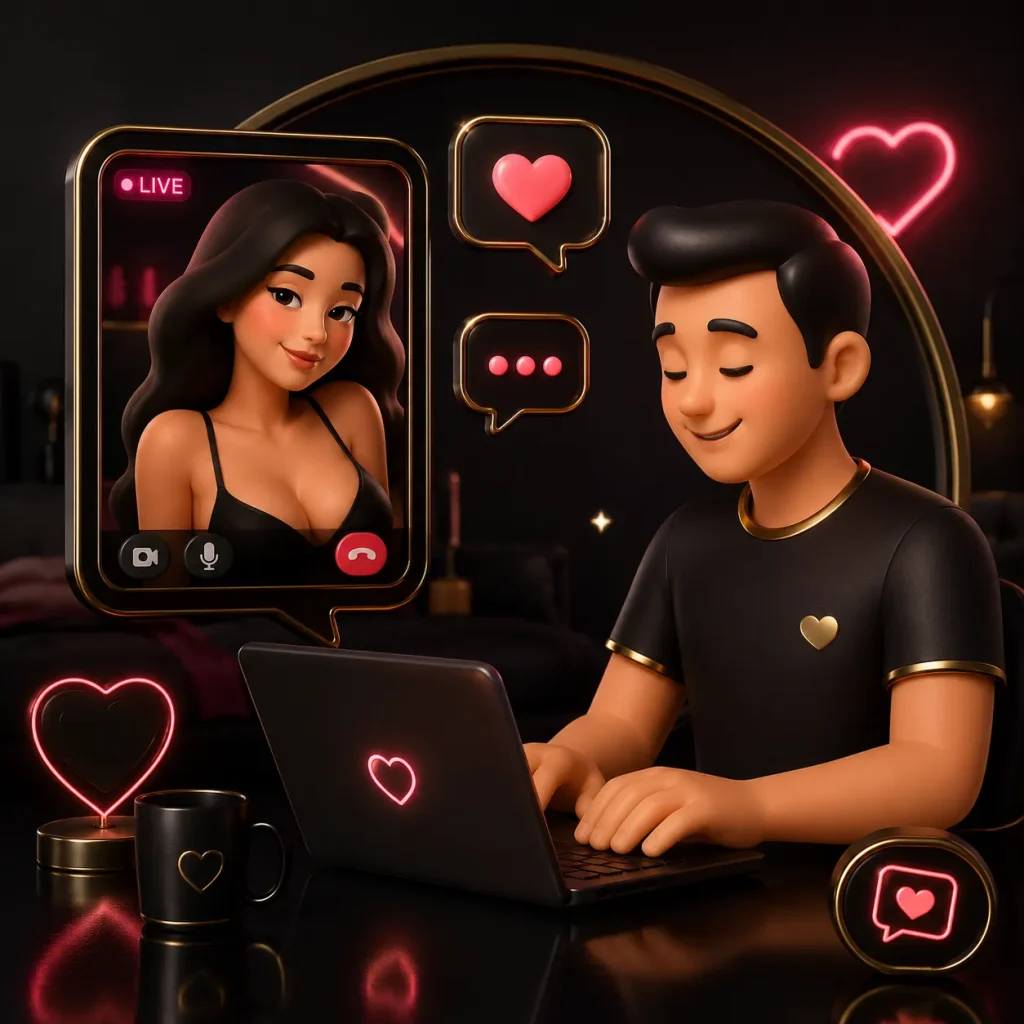 Instant video chat illustration showing a man using a laptop with a live video call and heart chat icons