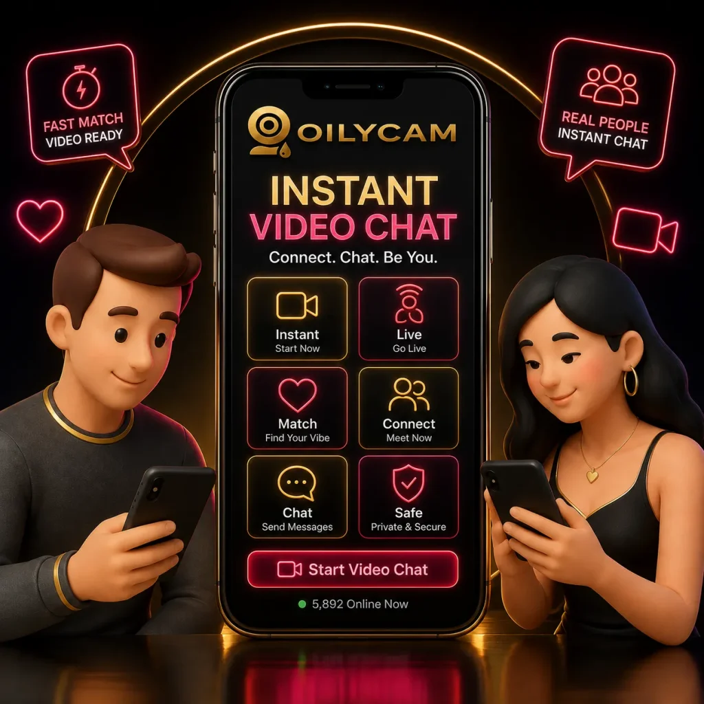 Instant video chat app interface with two users, neon icons, and OilyCam-style mobile screen design