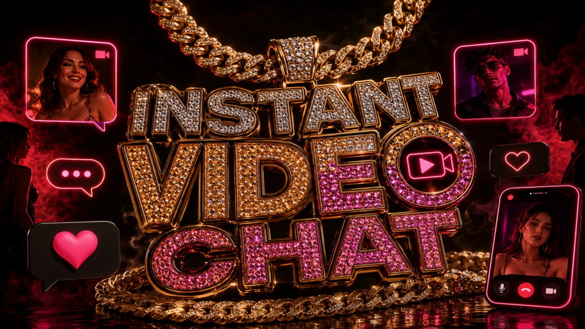 Instant video chat 3D gold chain design with neon chat icons, video call screens, and OilyCam-style theme