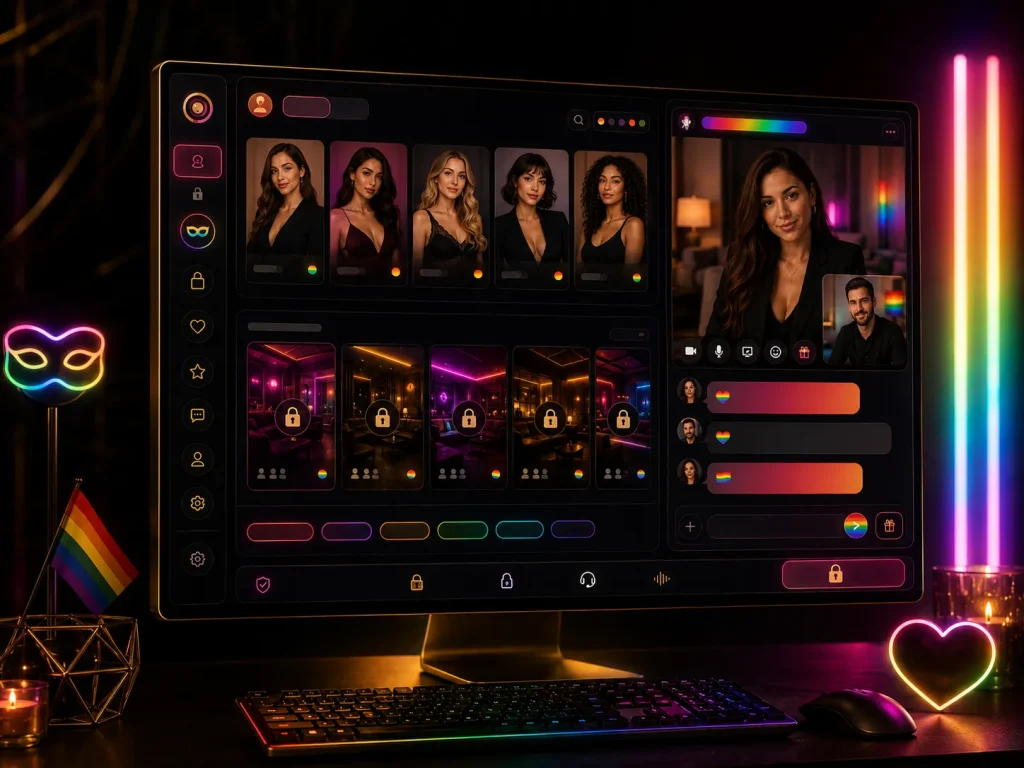 LGBTQ chat rooms dashboard with rainbow-colored UI elements, private video call panels, lock icons, and OilyCam-inspired styling