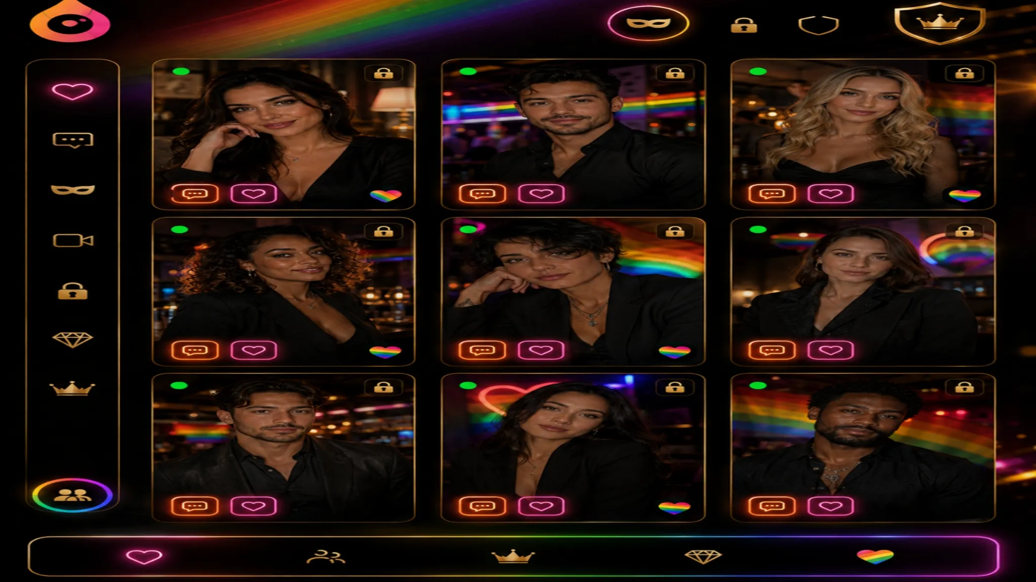LGBTQ chat rooms app layout showing diverse adult profiles, rainbow icons, secure chat symbols, and dark premium design