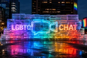 LGBTQ Chat ice block installation with rainbow lights, frozen video chat icon, and glowing city backdrop