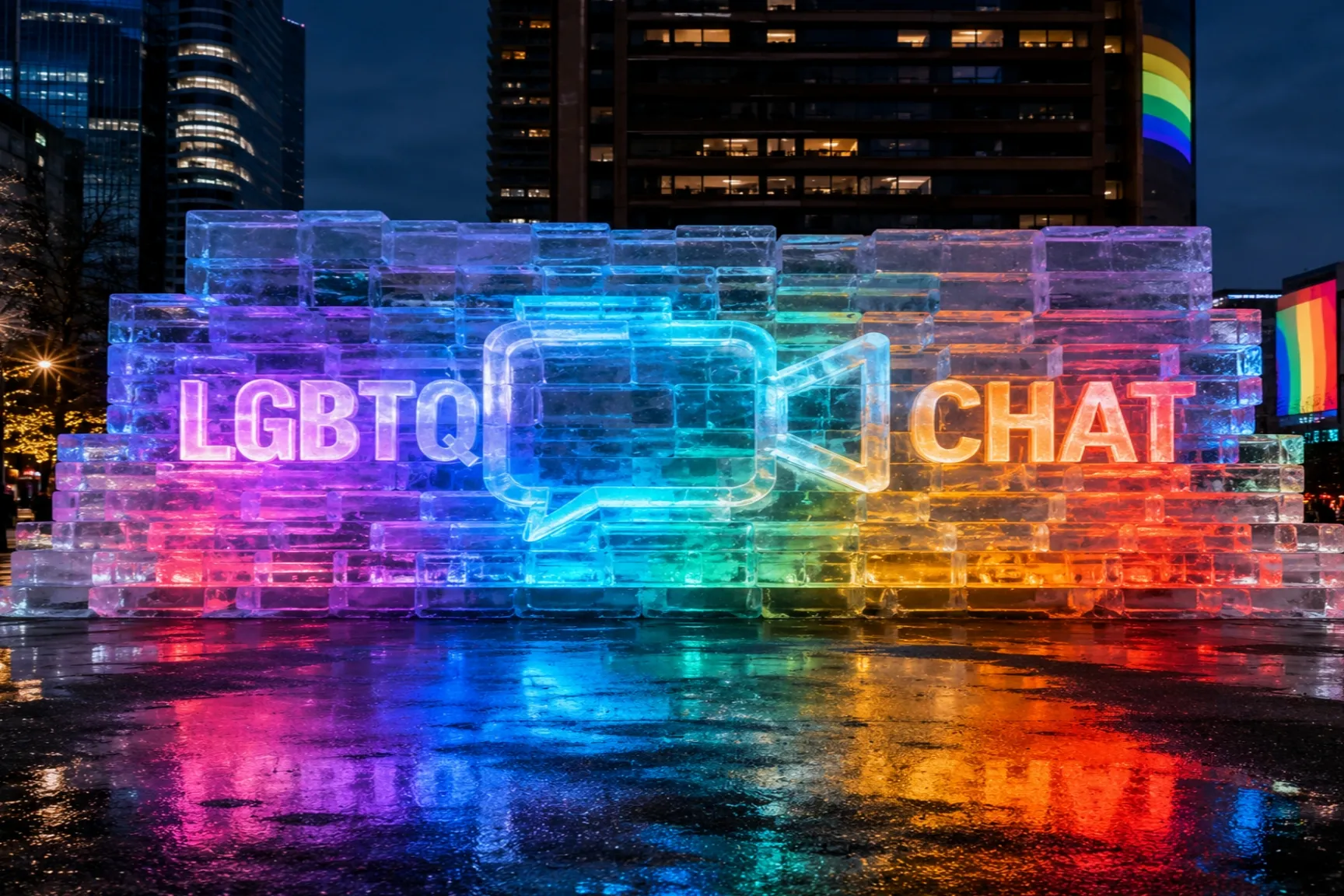 LGBTQ Chat ice block installation with rainbow lights, frozen video chat icon, and glowing city backdrop