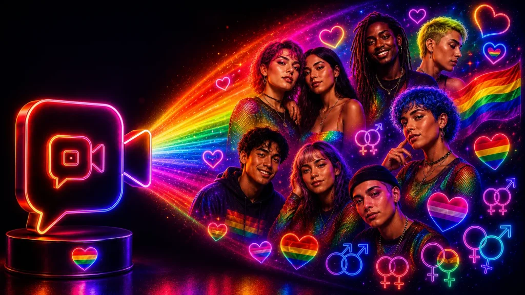 LGBTQ Chat neon video recorder shining rainbow colors over diverse LGBTQ people and pride symbols