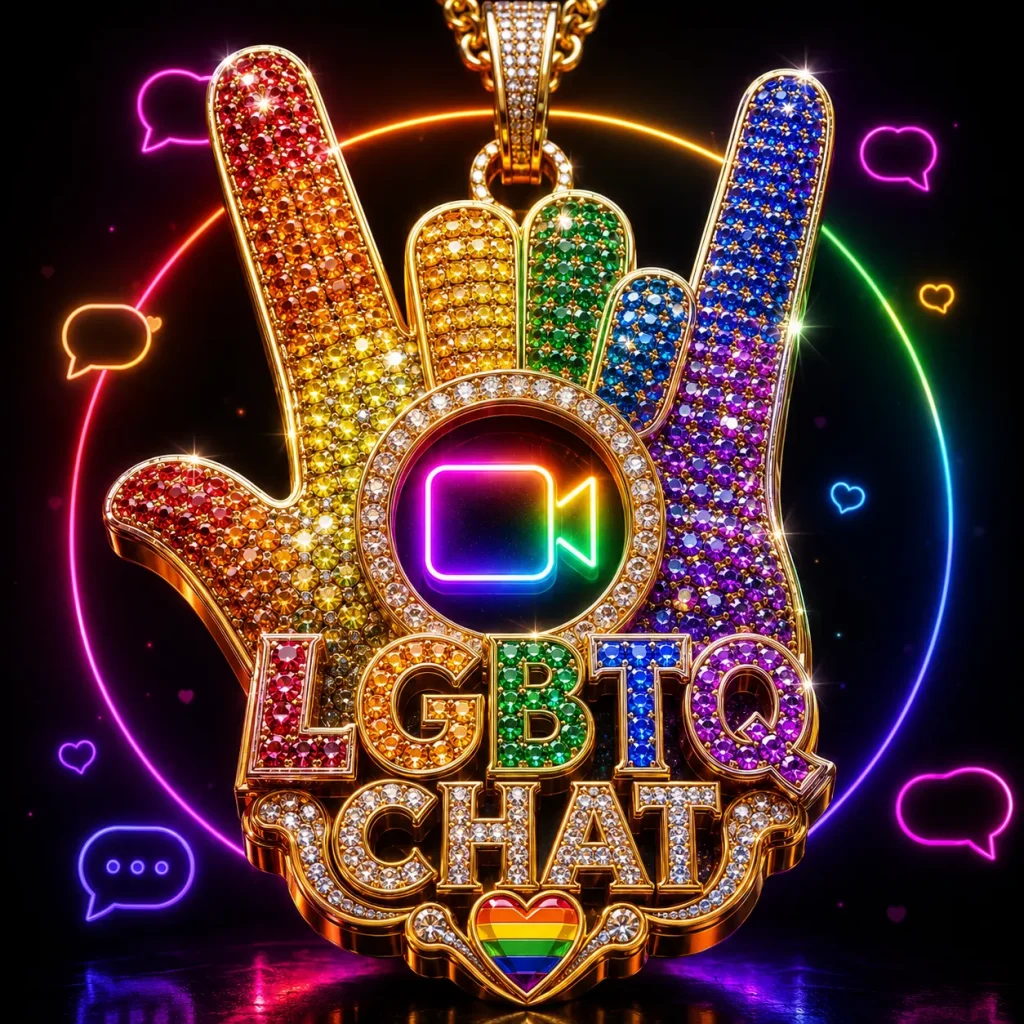 LGBTQ Chat rainbow jeweled hand sign with a glowing video chat icon, neon speech bubbles, and pride colors on a dark background.