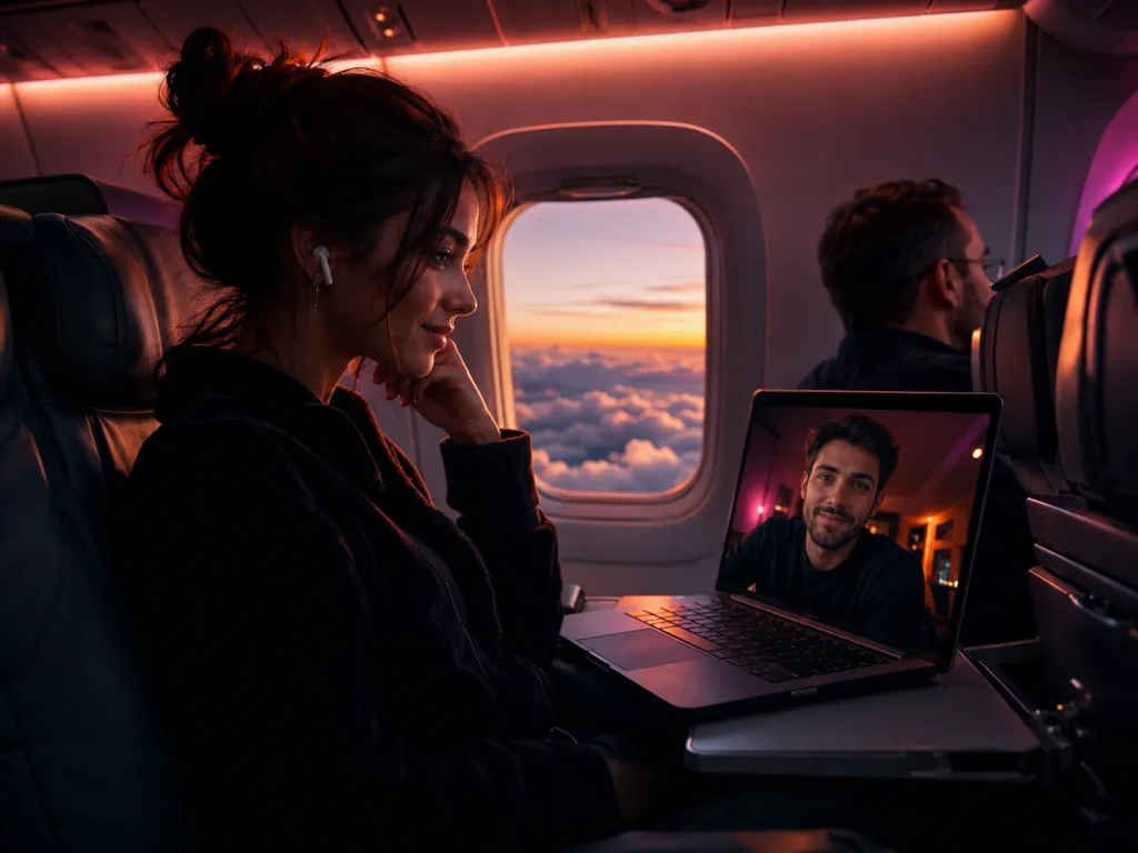 Video call strangers scene with a woman on a plane chatting to a man on her laptop above the clouds
