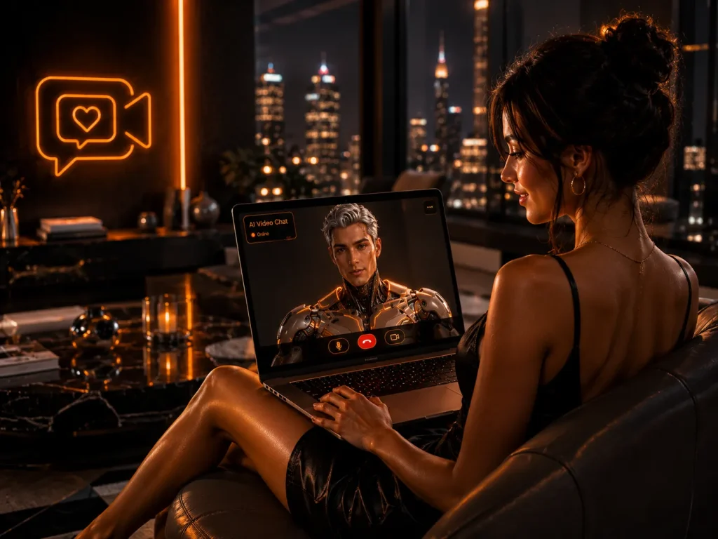 AI video chat between a woman and a digital companion in a modern living space