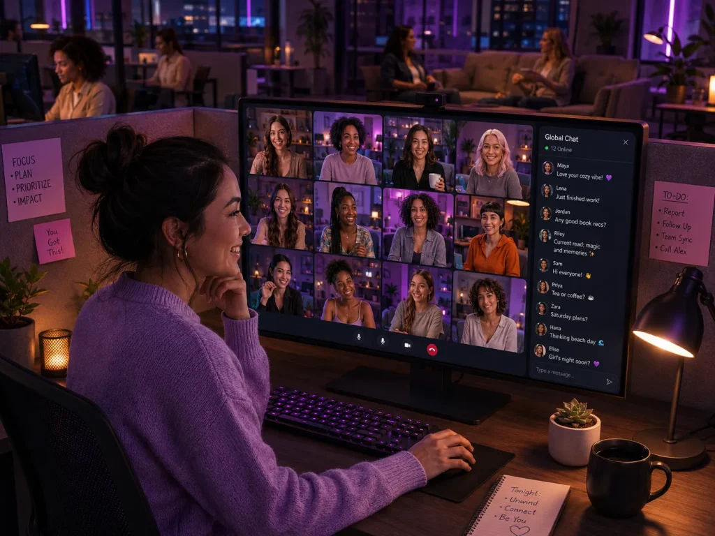 Lesbian chat rooms workplace scene showing a woman joining a group video chat with other women during a quiet office moment