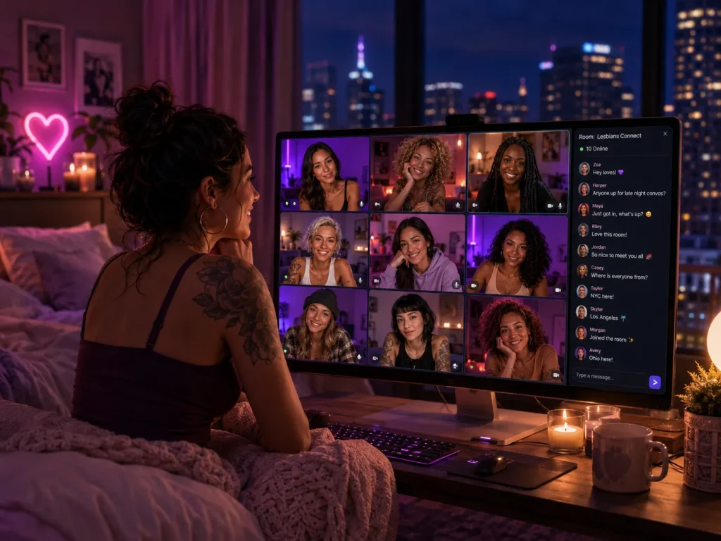 Lesbian chat rooms scene showing a woman joining a live video chat room with different women on screen in a cozy bedroom setup