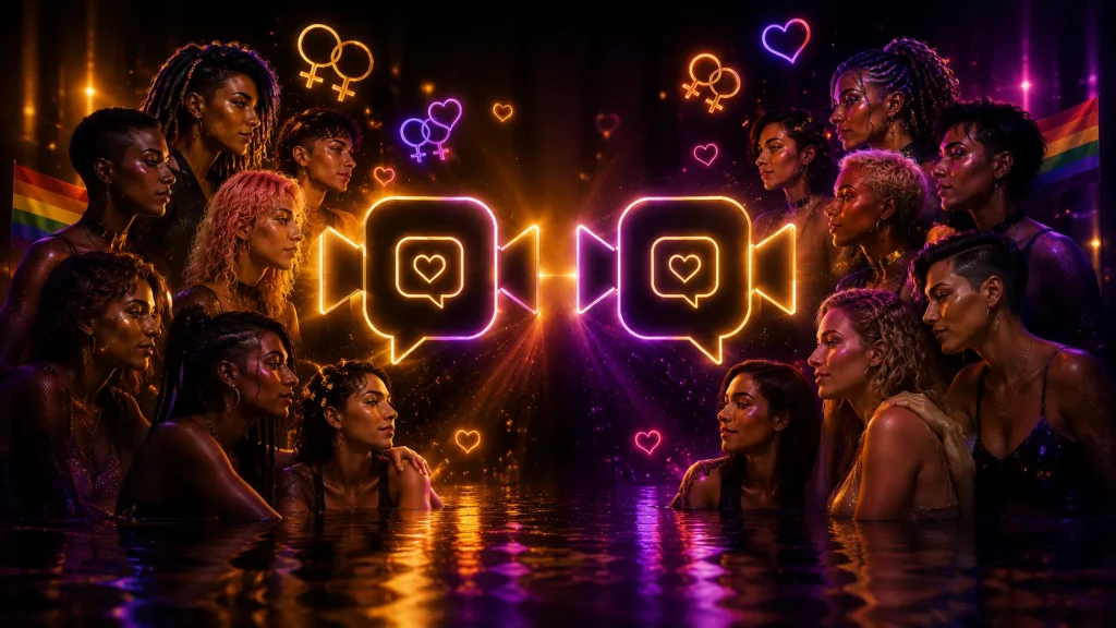 Lesbians sex chat themed image showing diverse women, neon pride colors, and OilyCam-inspired video chat symbols