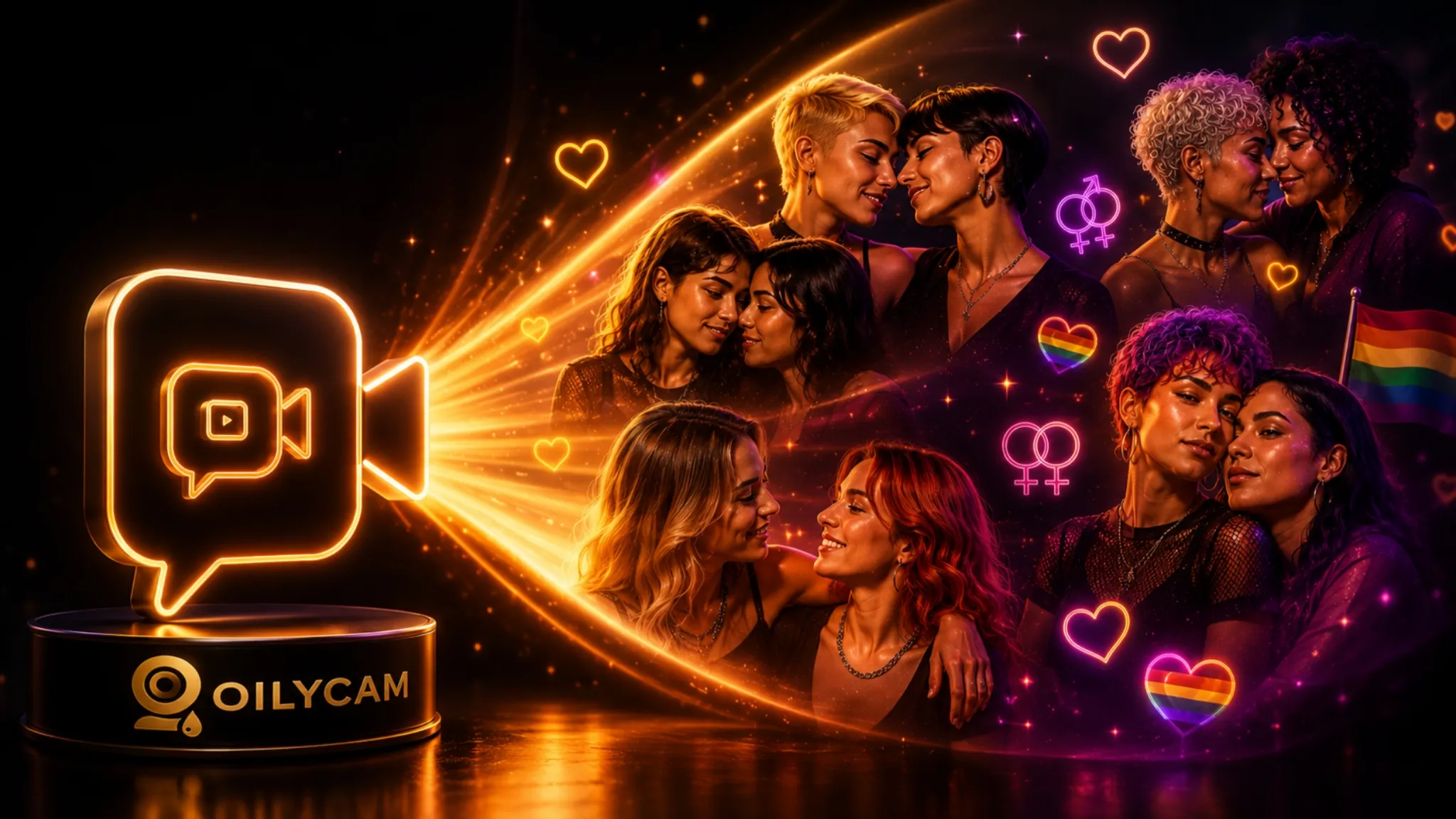 Lesbians sex chat concept with OilyCam-style gold video icon, rainbow accents, and women connecting online
