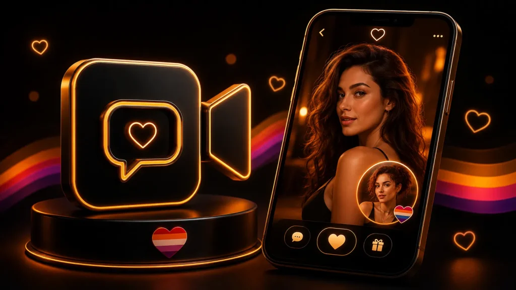 Lesbians sex chat app-style visual with black gold OilyCam theme, lesbian pride colors, hearts, and mobile chat interface