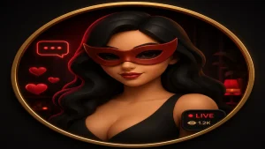 Live cam chat avatar profile with OilyCam-style black gold theme and red neon details