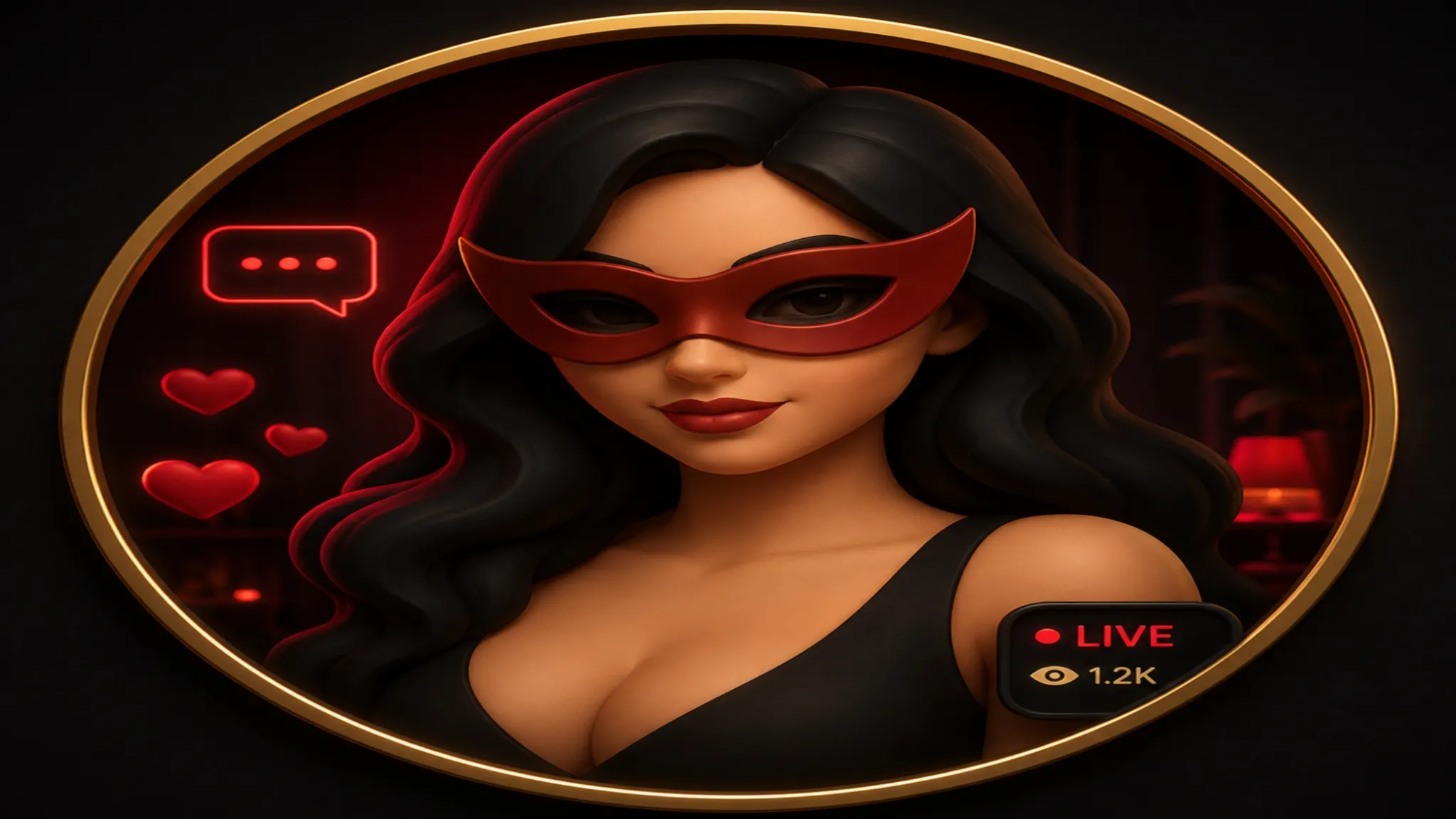 Live cam chat avatar profile with OilyCam-style black gold theme and red neon details