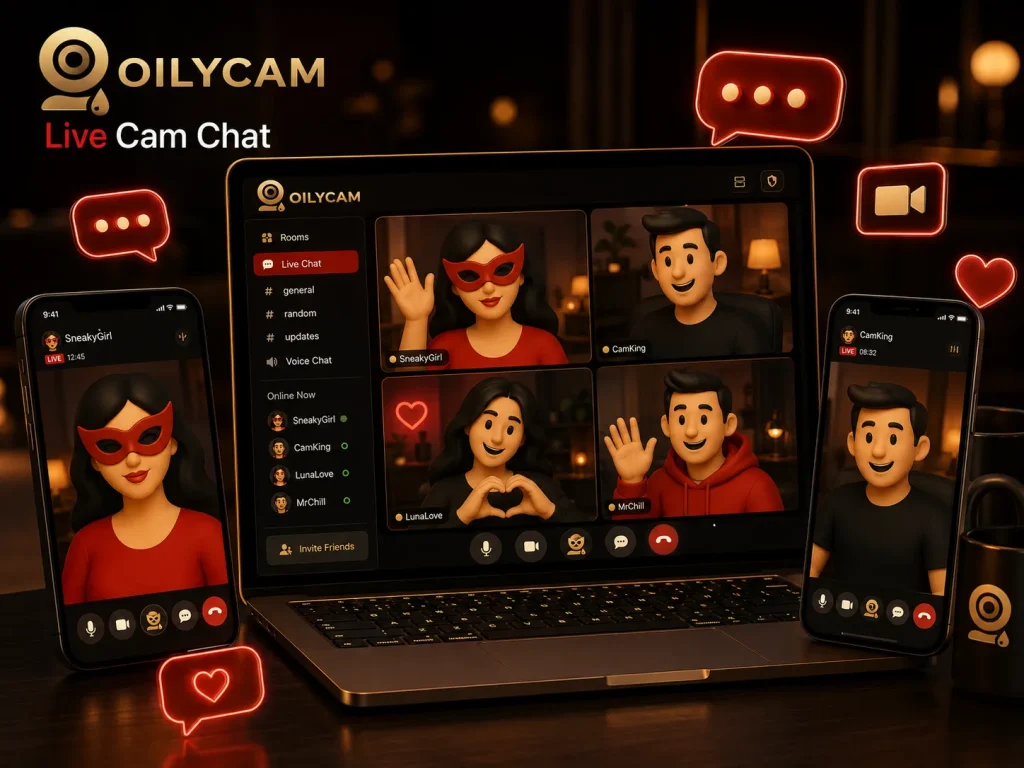 Live cam chat app interface on laptop and mobile screens with OilyCam-inspired gold and red design