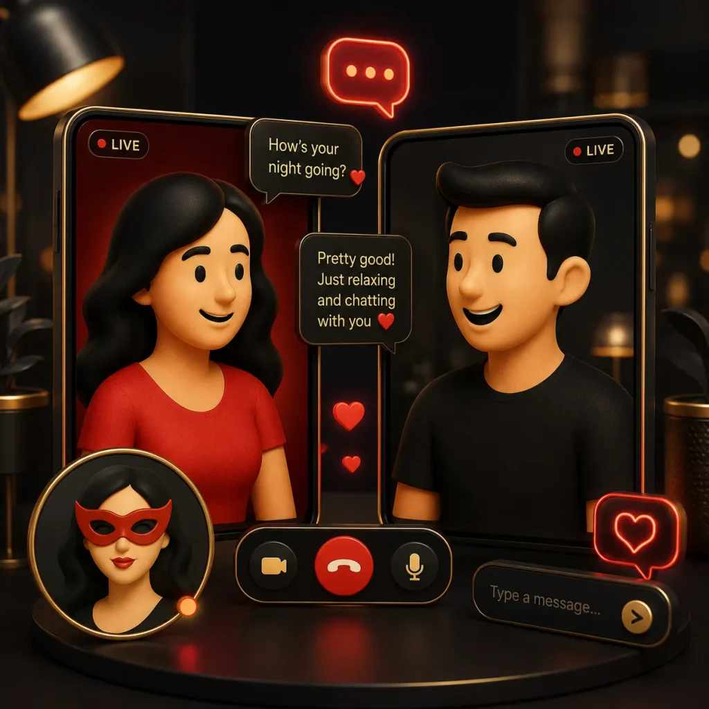 Live cam chat conversation scene with 3D avatars, phone screens, hearts, and dark OilyCam styling