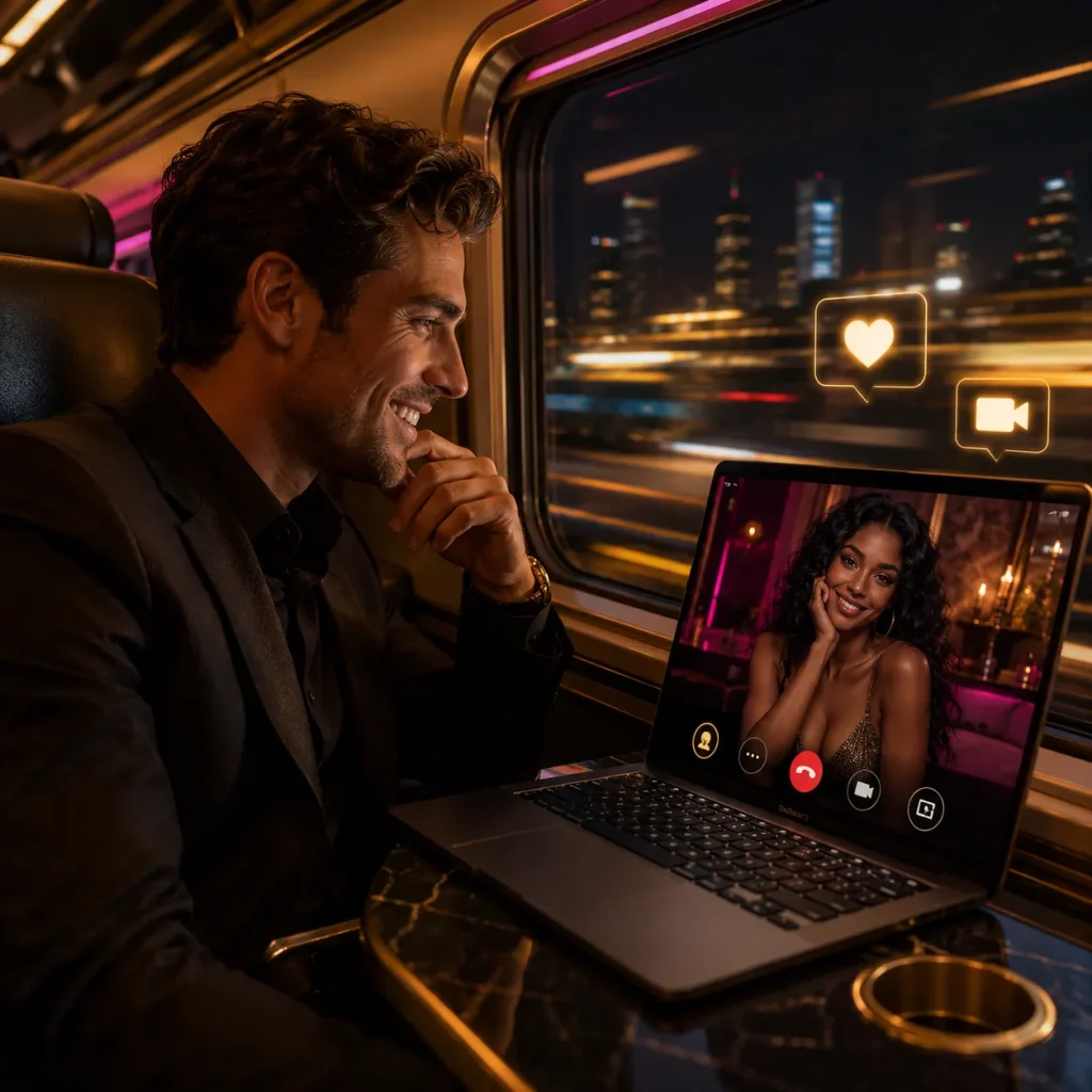 Video chat with girls on a train with a man using a laptop for a live cam conversation under city lights