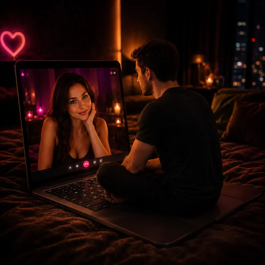 Video chat with strangers in a cozy bedroom with a man sitting on a laptop keyboard while talking to a woman on screen