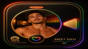 Meet men on an OilyCam-style LGBTQ video chat profile with black gold design and rainbow neon accents