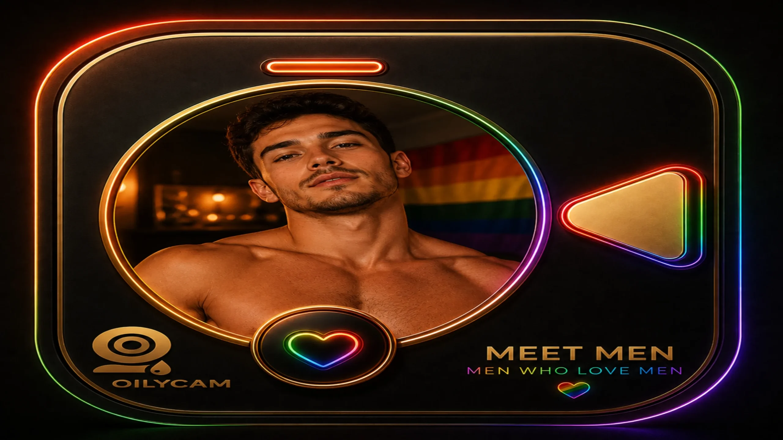 Meet men on an OilyCam-style LGBTQ video chat profile with black gold design and rainbow neon accents