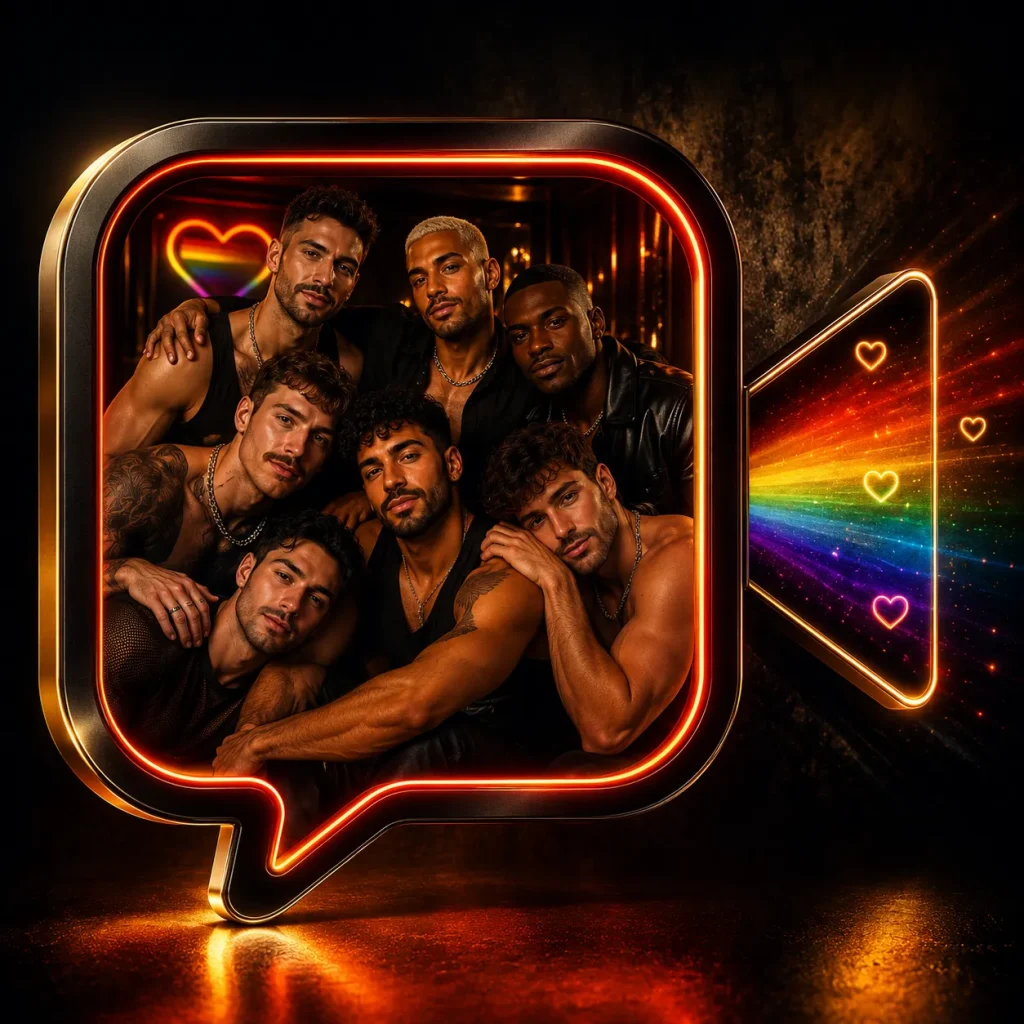 Meet men in a premium OilyCam-inspired video chat bubble with gay men, rainbow lighting, and gold accents