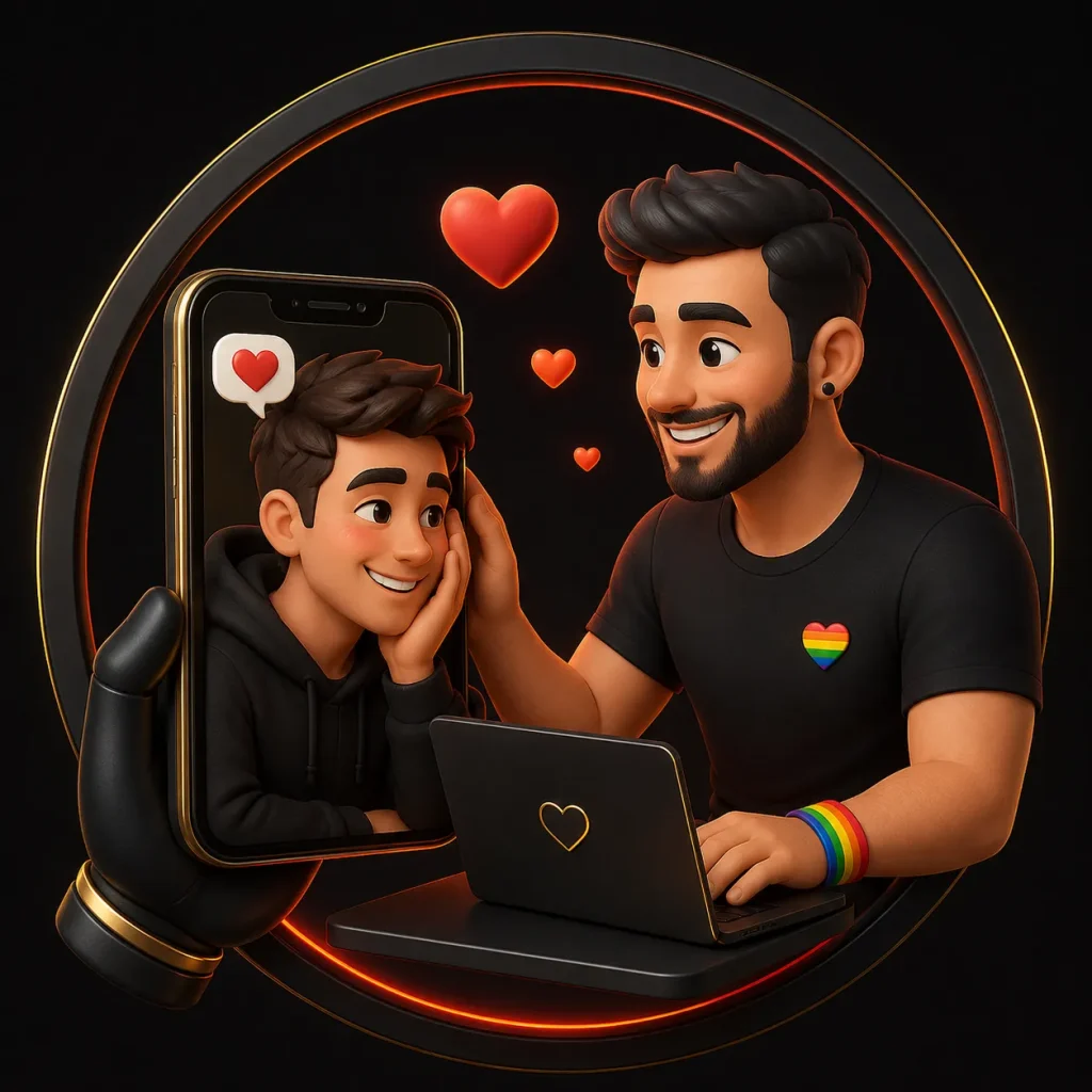 Meet men through a gay video chat scene with two men connecting on mobile and laptop screens