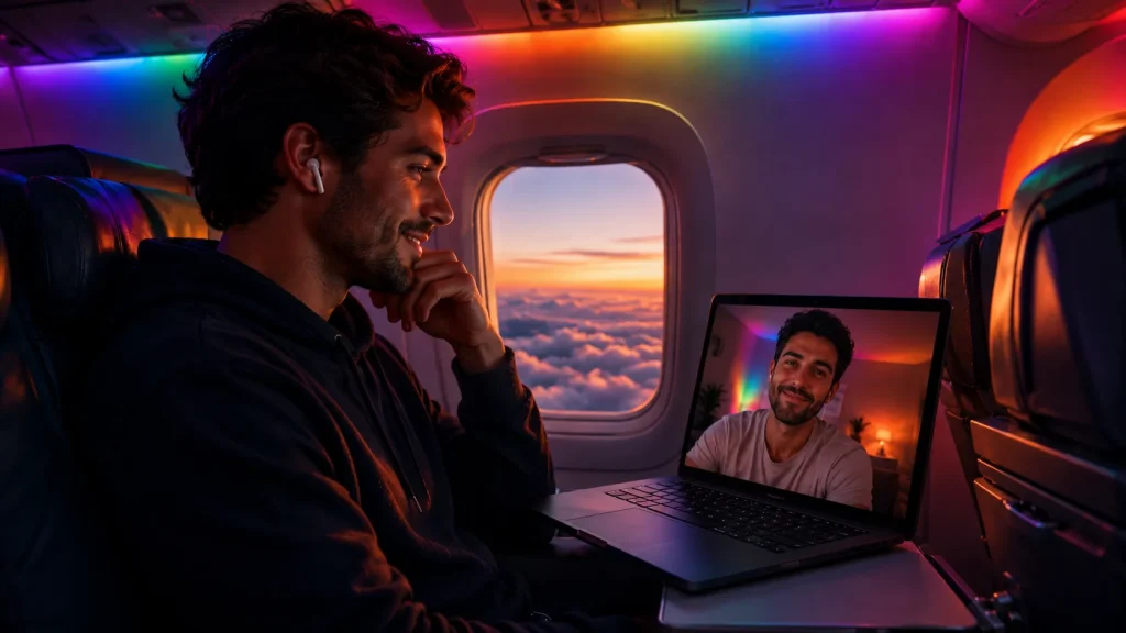 Men seeking men video chat scene with one man talking to another on a laptop during a flight with LGBTQ colors