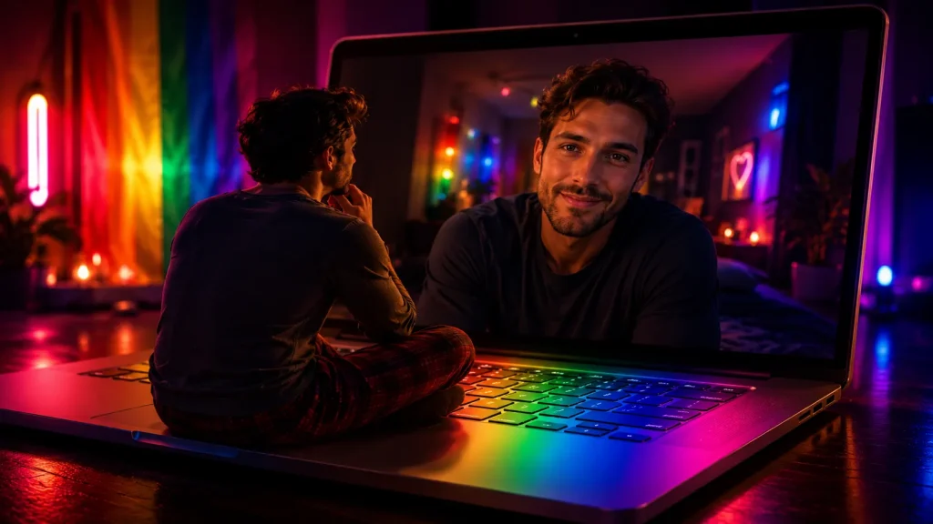 Men seeking men online chat concept showing a guy sitting on a laptop keyboard while video calling another man in a rainbow-themed room