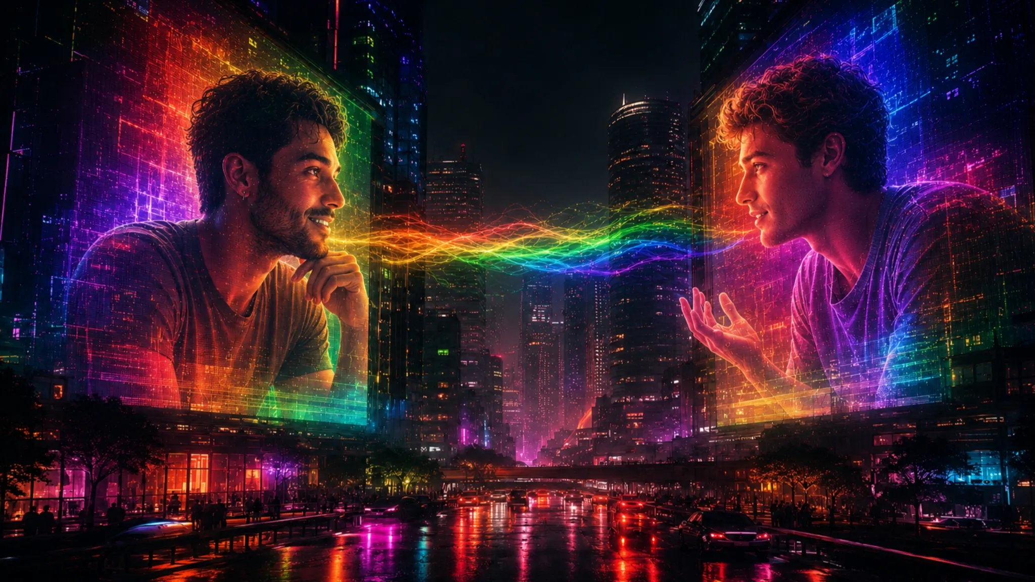Men seeking men random video call shown through rainbow-lit city projections with two guys connecting across buildings