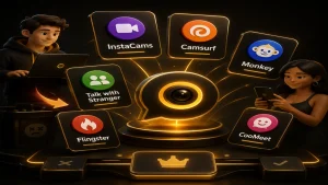 Omegle replacement hub with 3D video chat icons, glowing gold accents, and random chat alternatives