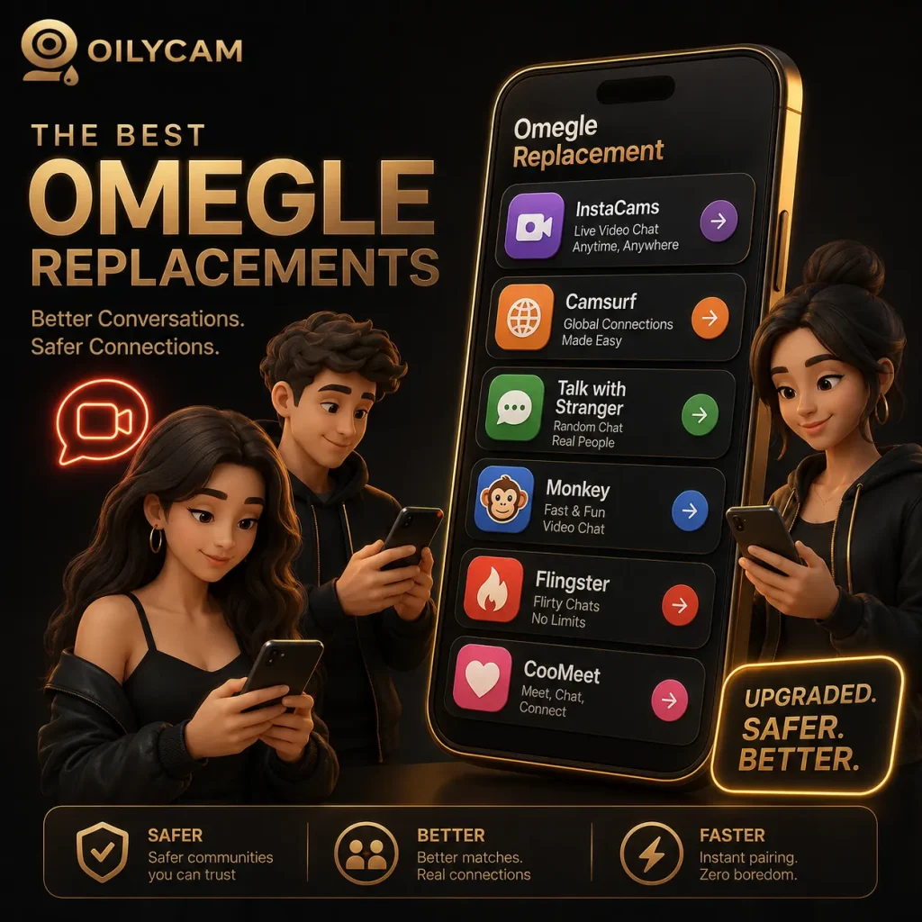 Omegle replacement app showcase with OilyCam-style black gold design and alternative video chat platforms