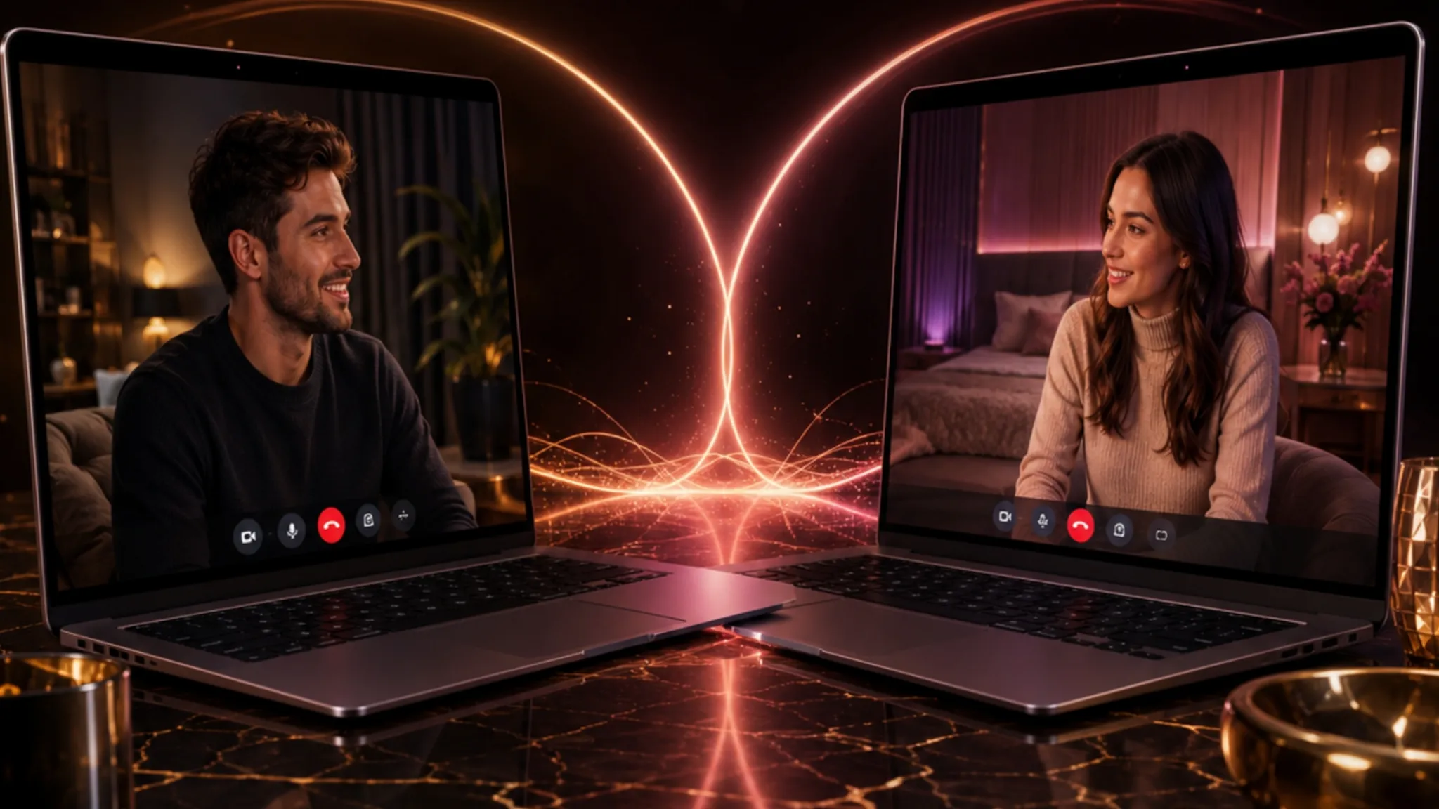 One-on-one cam scene with two laptops facing each other as a man and woman connect through a private video call