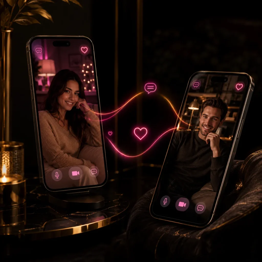 One-on-one cam image showing two smartphones with a man and woman chatting through a glowing OilyCam-style connection