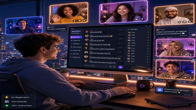 Chat rooms with no registration scene showing a man joining live chat rooms instantly from a skyscraper desk with diverse people on video screens