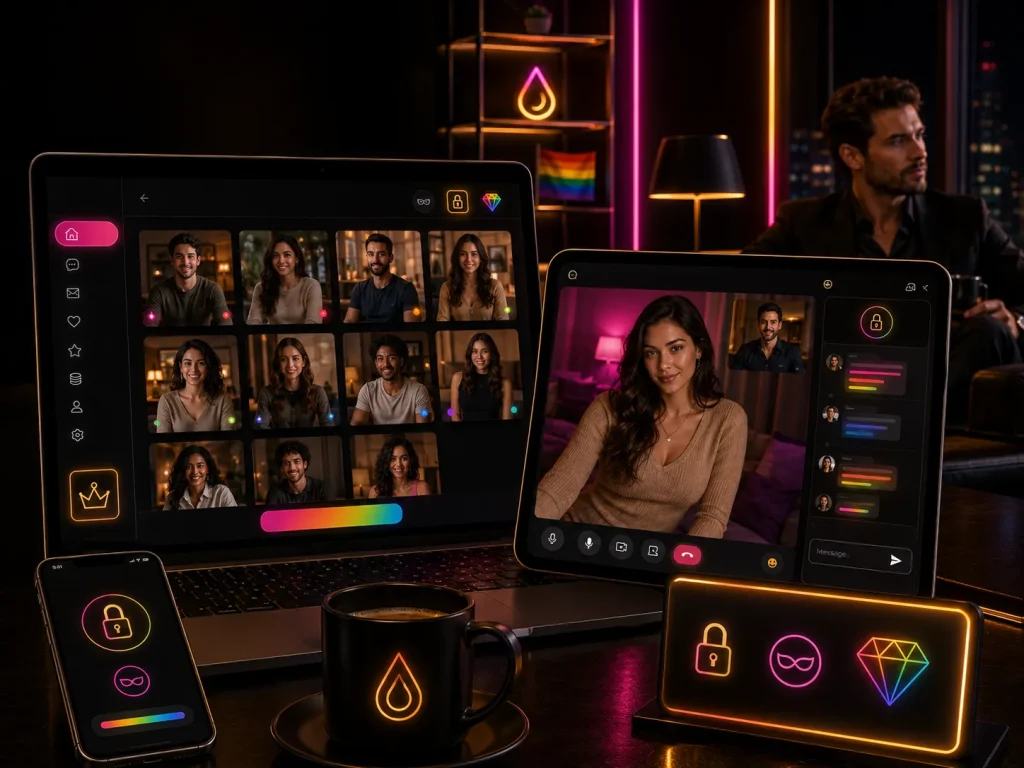 LGBTQ chat rooms interface with rainbow accents, private video chat screens, profile cards, and OilyCam-style neon lighting