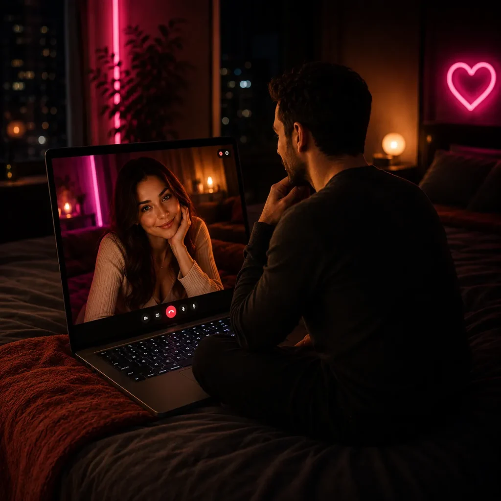 Free video chat with no sign-up showing a man using a laptop in bed while talking to a woman on video call