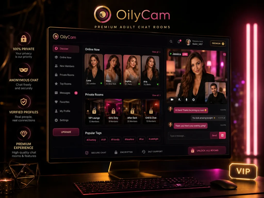 Sex chat room app preview showing fully clothed adults in private video chat with anonymous and secure chat icons