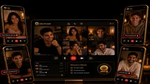 Online video chat app mockup with laptop and phone screens using OilyCam-style black, gold, and red design