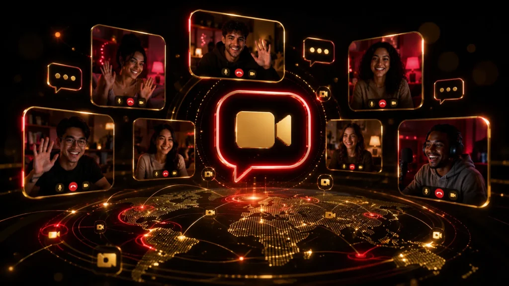 Online video chat network showing multiple live video windows connected across a dark gold digital world map