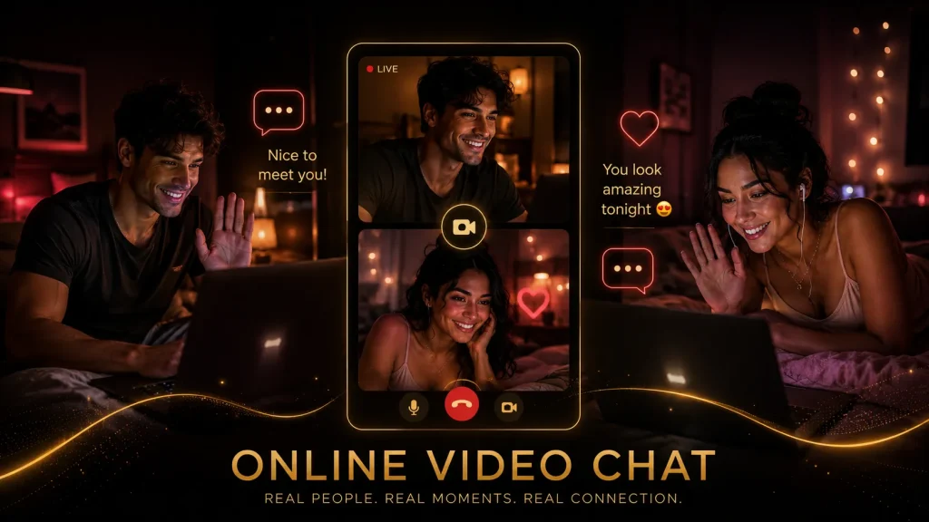 Online video chat scene with two people connecting at night through a warm OilyCam-style video call interface