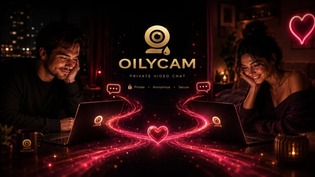 Private video chat scene with two people connecting through OilyCam laptops in a dark red and gold setting