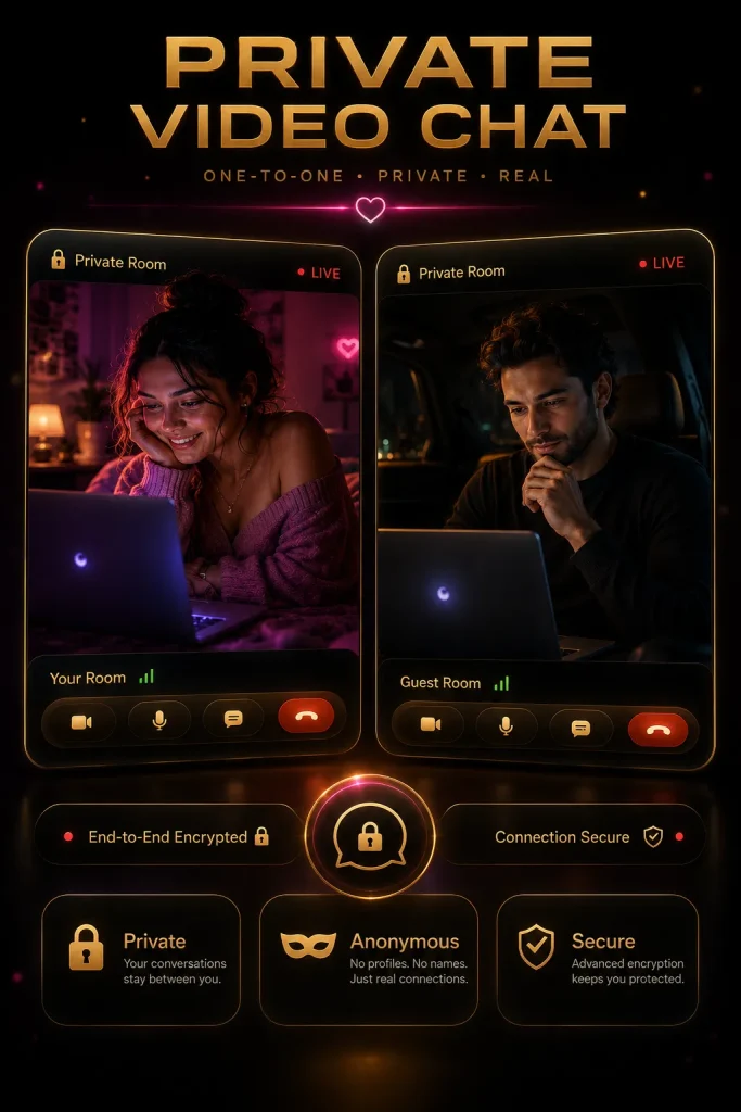 Private video chat app concept with OilyCam webcam branding, secure chat icons, and mobile video call screen