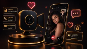 Private video chat interface showing one-to-one secure rooms with anonymous and private connection features