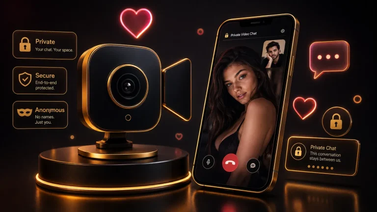 Private video chat interface showing one-to-one secure rooms with anonymous and private connection features
