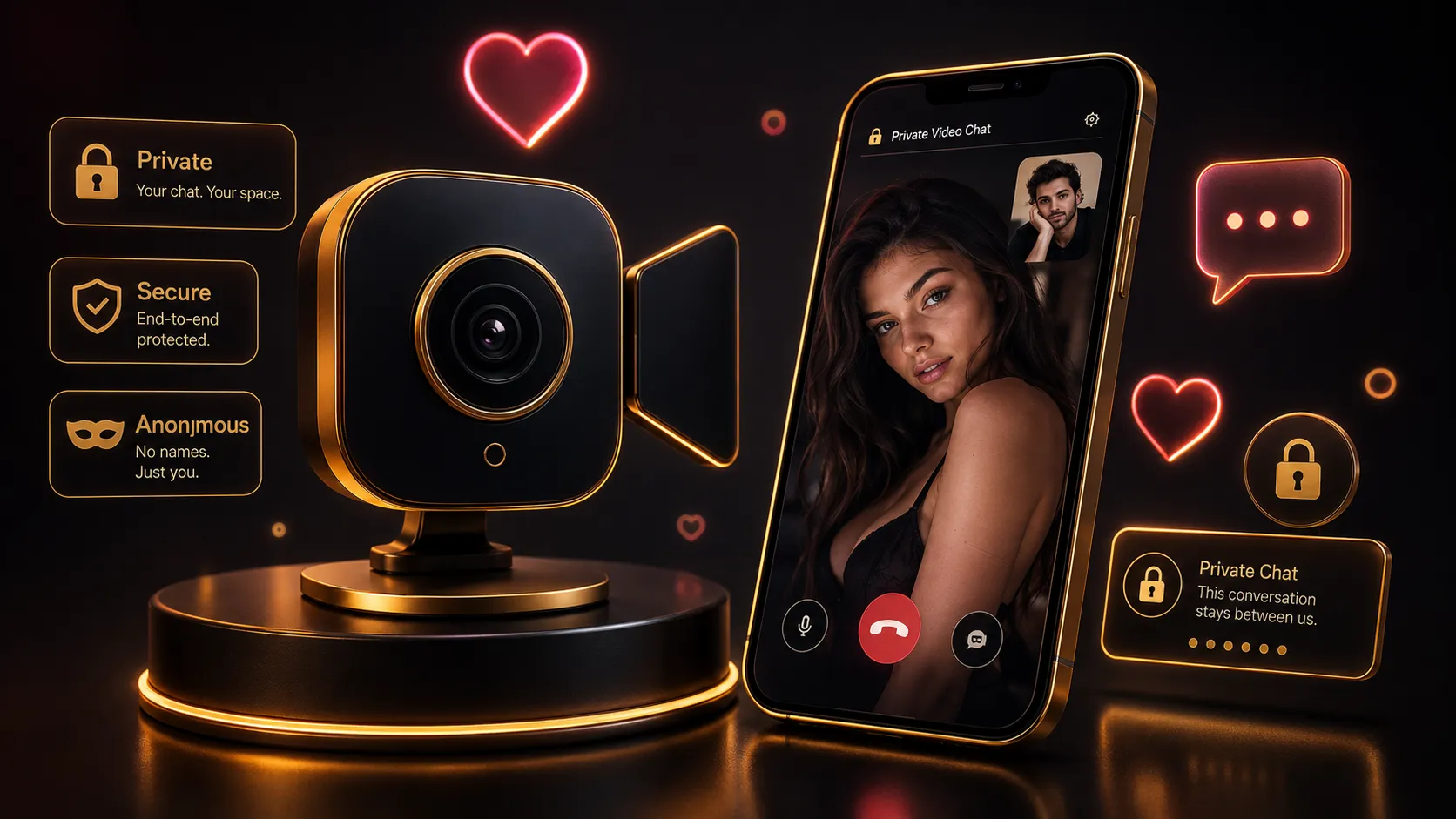 Private video chat interface showing one-to-one secure rooms with anonymous and private connection features
