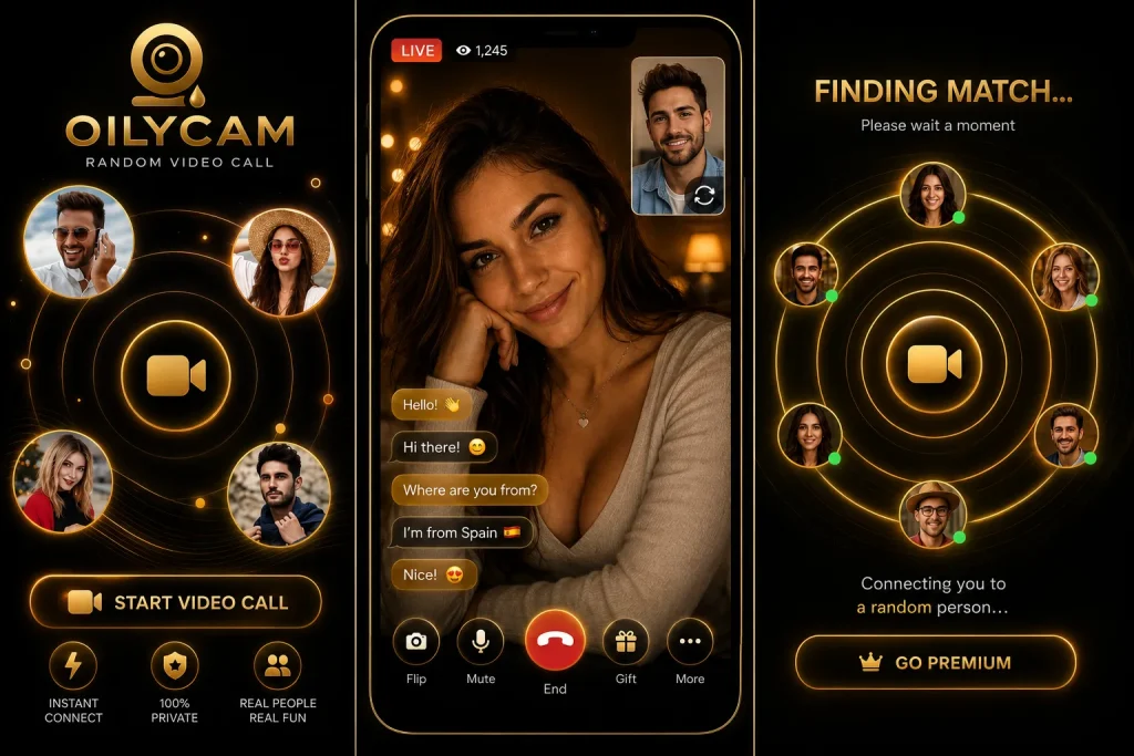 Random Video calling app mockup showing live call, match search, and premium chat features