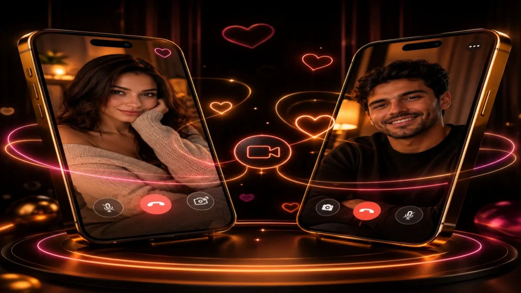 Random video call concept with a man and woman on separate phones surrounded by neon hearts and gold OilyCam-style accents